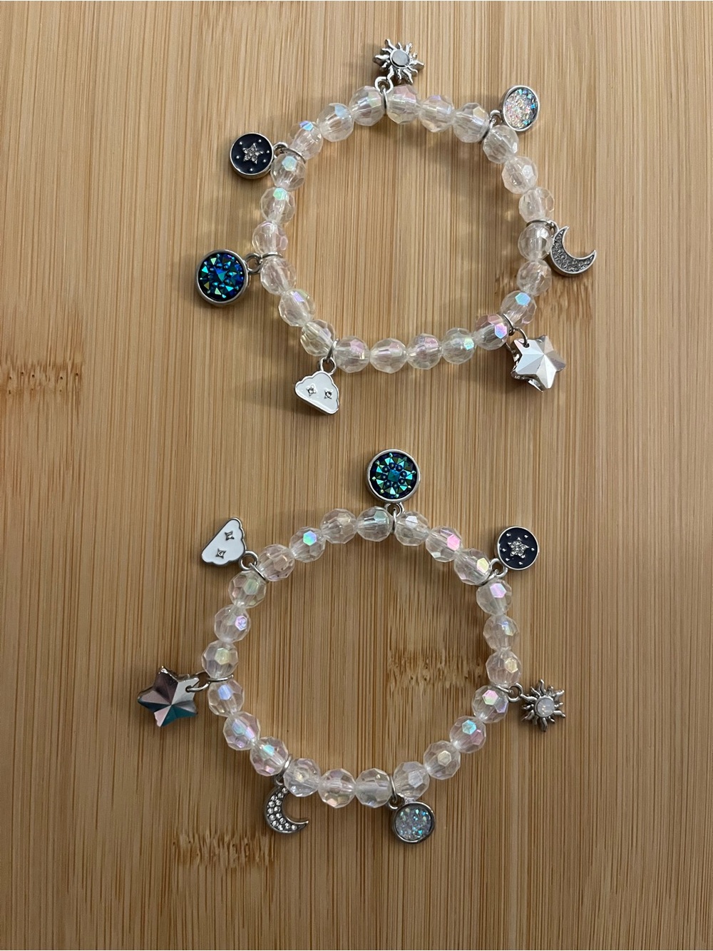 Crystal Moon & Star Charm Bracelet - Iridescent Beads